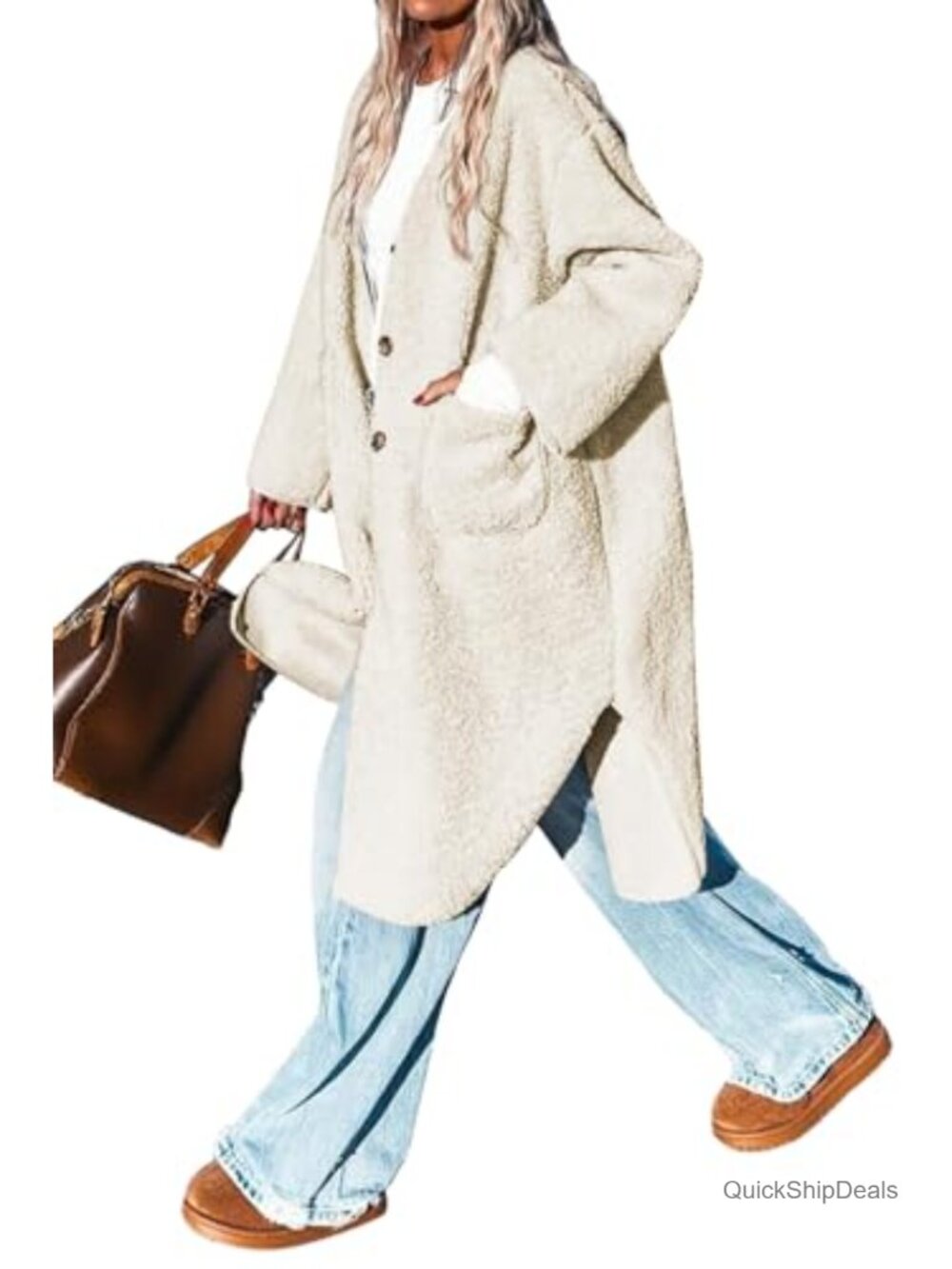 Women's Faux Fur Long Winter Coat Button Front Knee Length Jacket